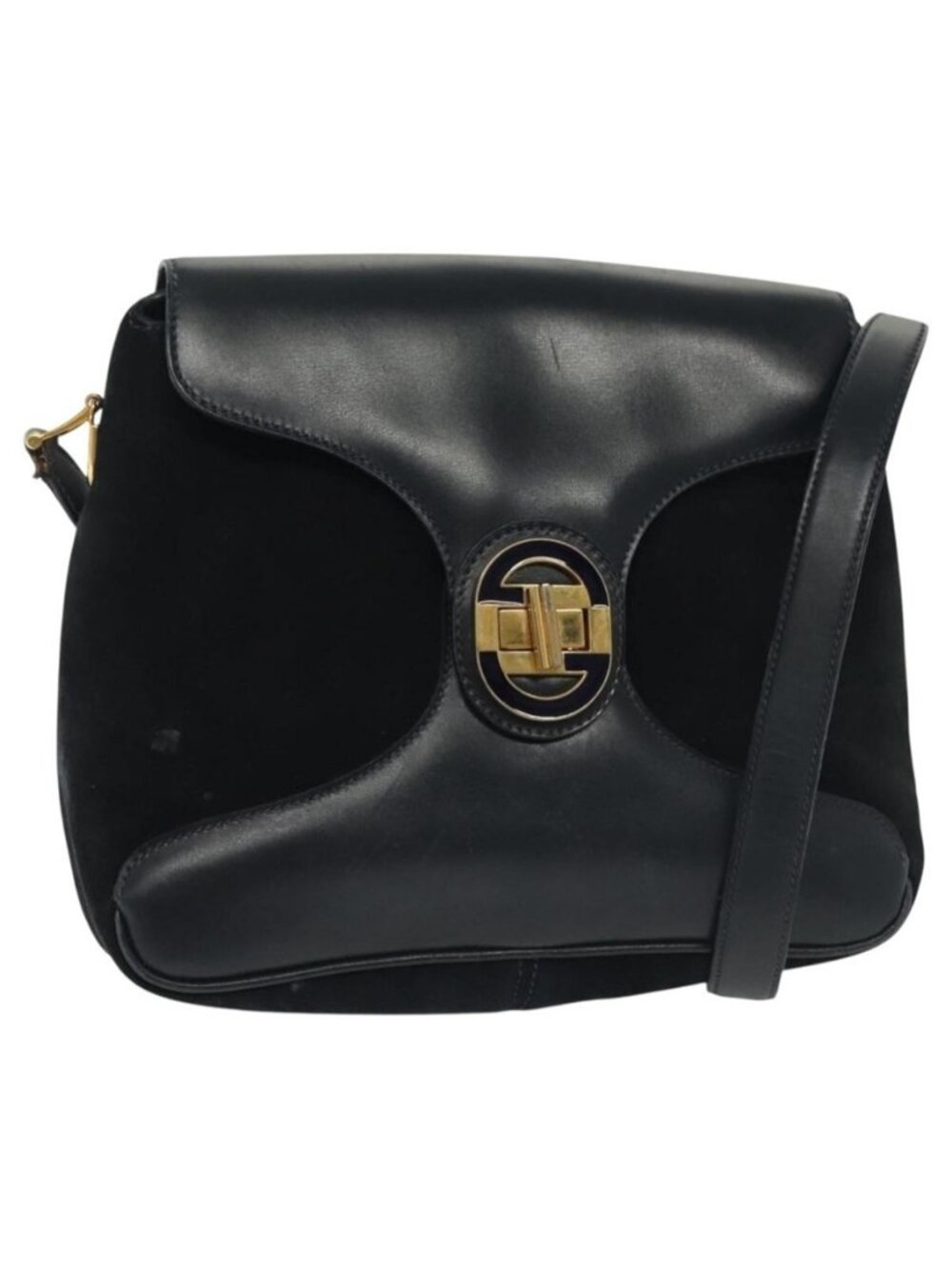 Authentic GUCCI Shoulder Bag Suede Navy Gold